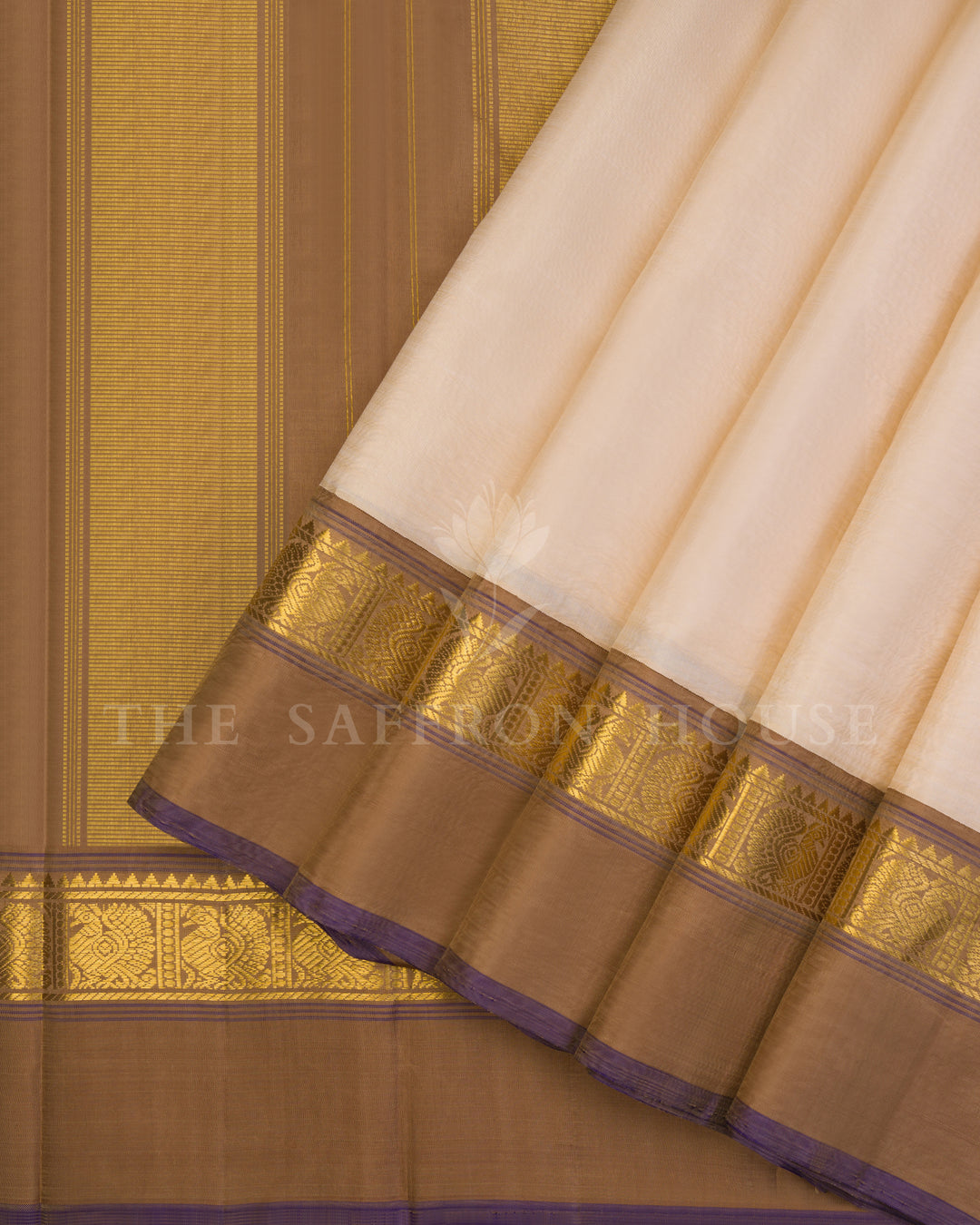 Ivory And Sand Beige Korvai Kanjivaram Silk Saree – The Saffron House