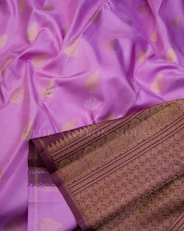 Lavender And Burgundy Maroon Kanjivaram Silk Saree – The Saffron House