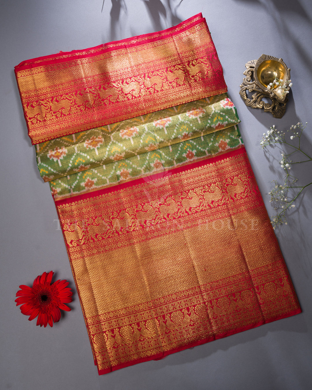 Moss Green And Burnt Orange Kanjivaram Silk Saree – The Saffron House
