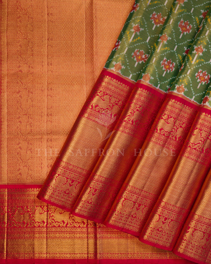 Moss Green And Burnt Orange Kanjivaram Silk Saree – The Saffron House