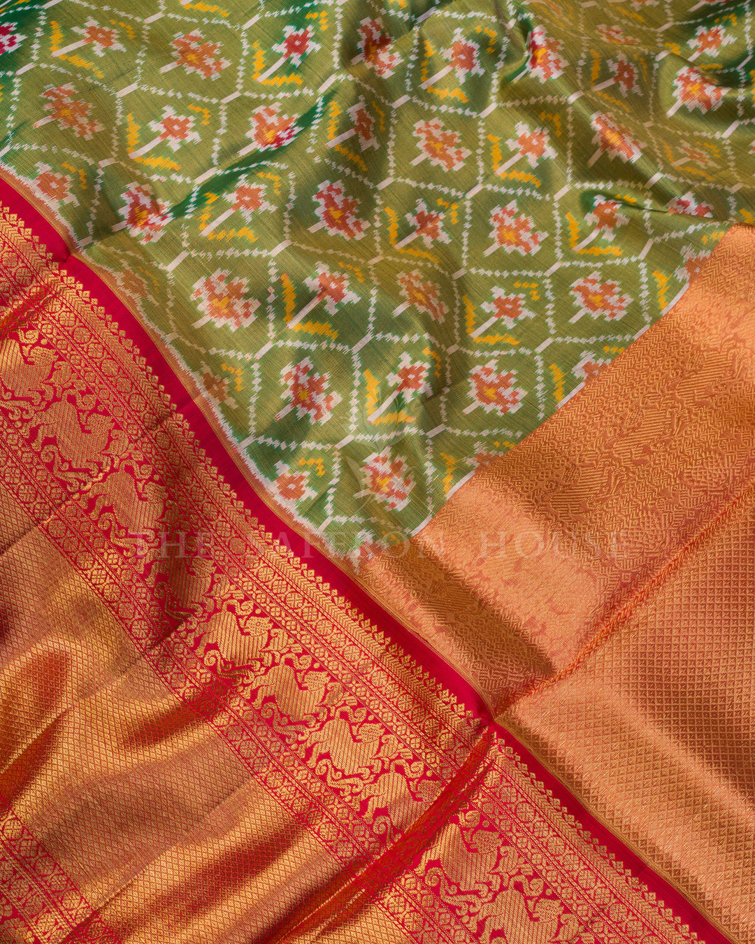 Moss Green And Burnt Orange Kanjivaram Silk Saree – The Saffron House