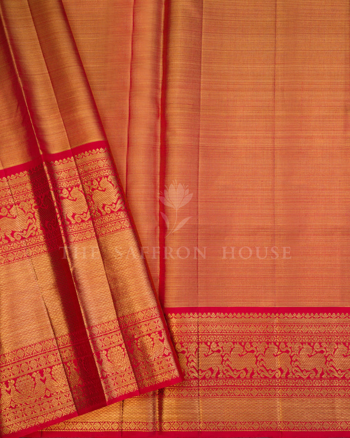 Moss Green And Burnt Orange Kanjivaram Silk Saree – The Saffron House