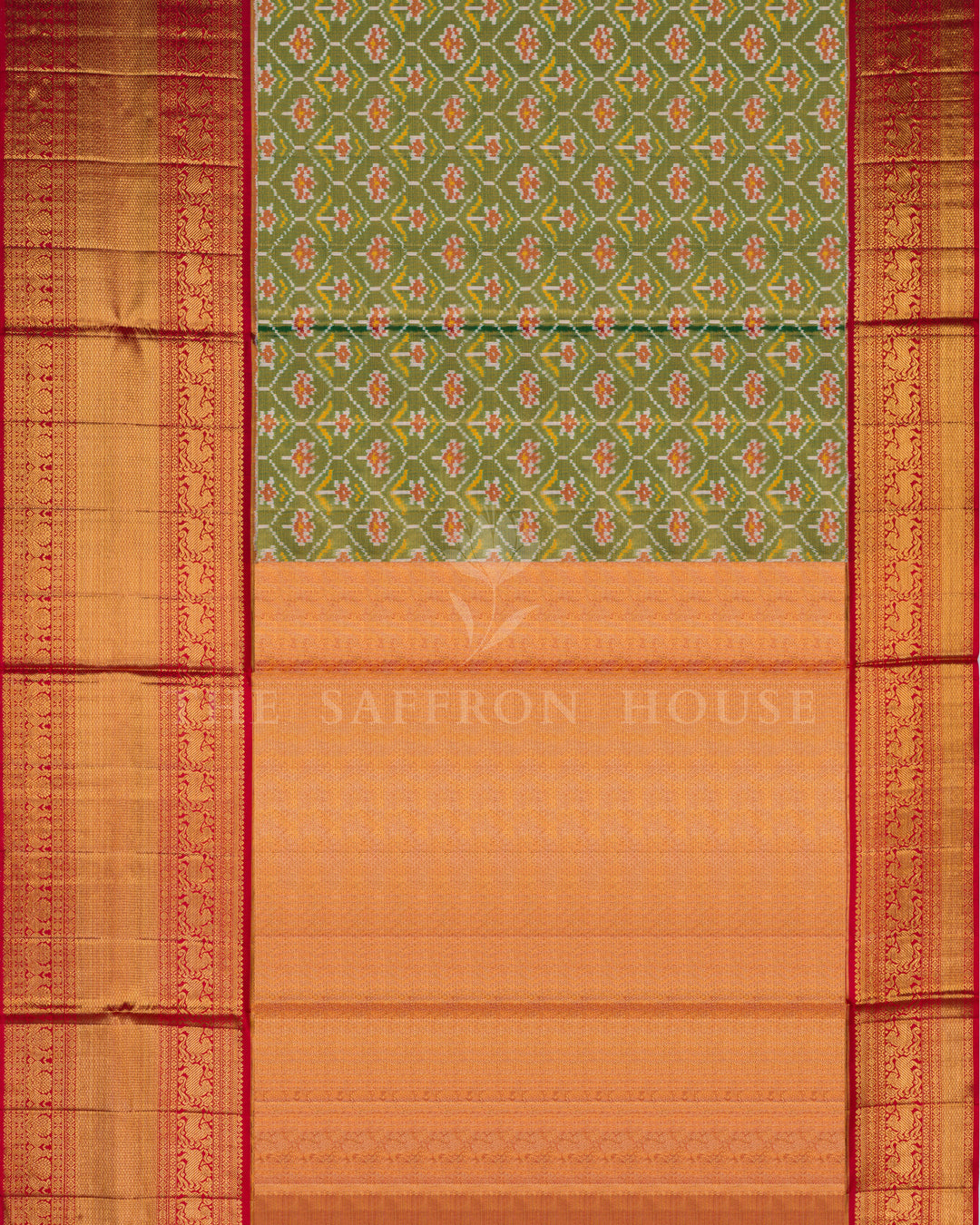 Moss Green And Burnt Orange Kanjivaram Silk Saree – The Saffron House