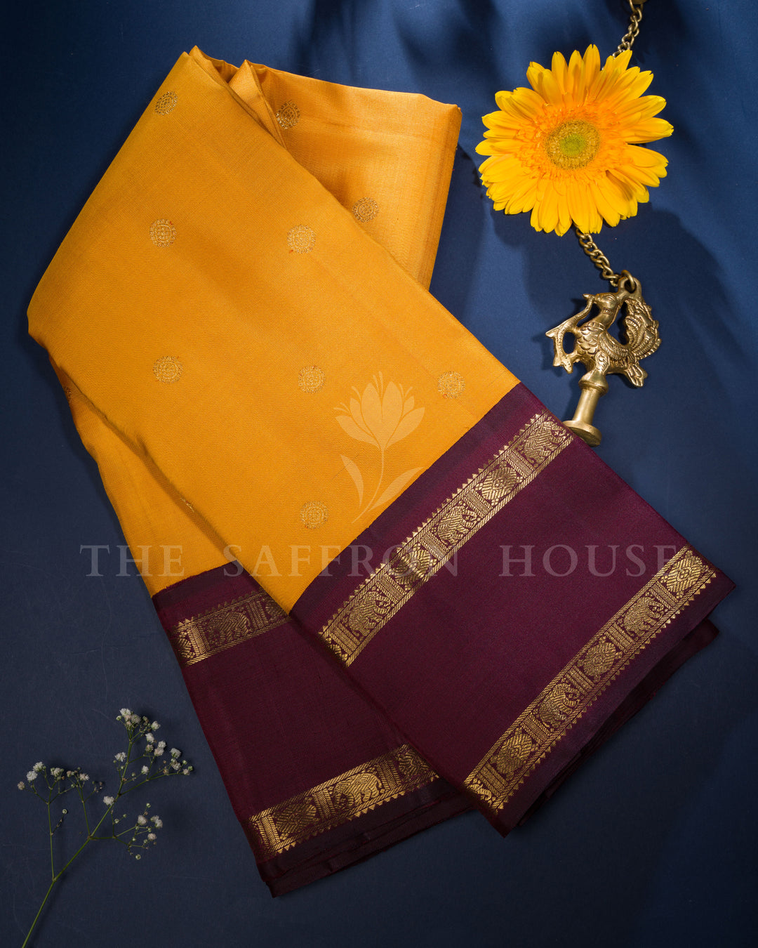 Mustard Gold And Burgundy Maroon Kanjivaram Silk Saree – The Saffron House