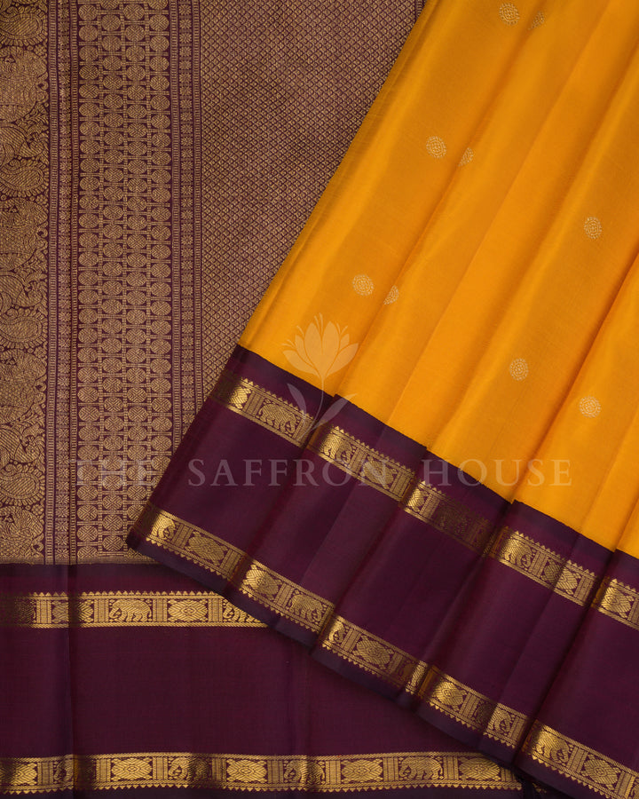 Mustard Gold And Burgundy Maroon Kanjivaram Silk Saree – The Saffron House