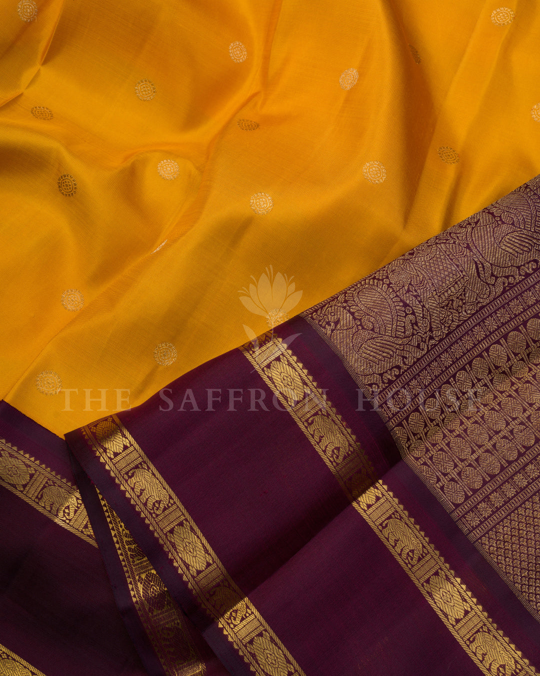Mustard Gold And Burgundy Maroon Kanjivaram Silk Saree – The Saffron House