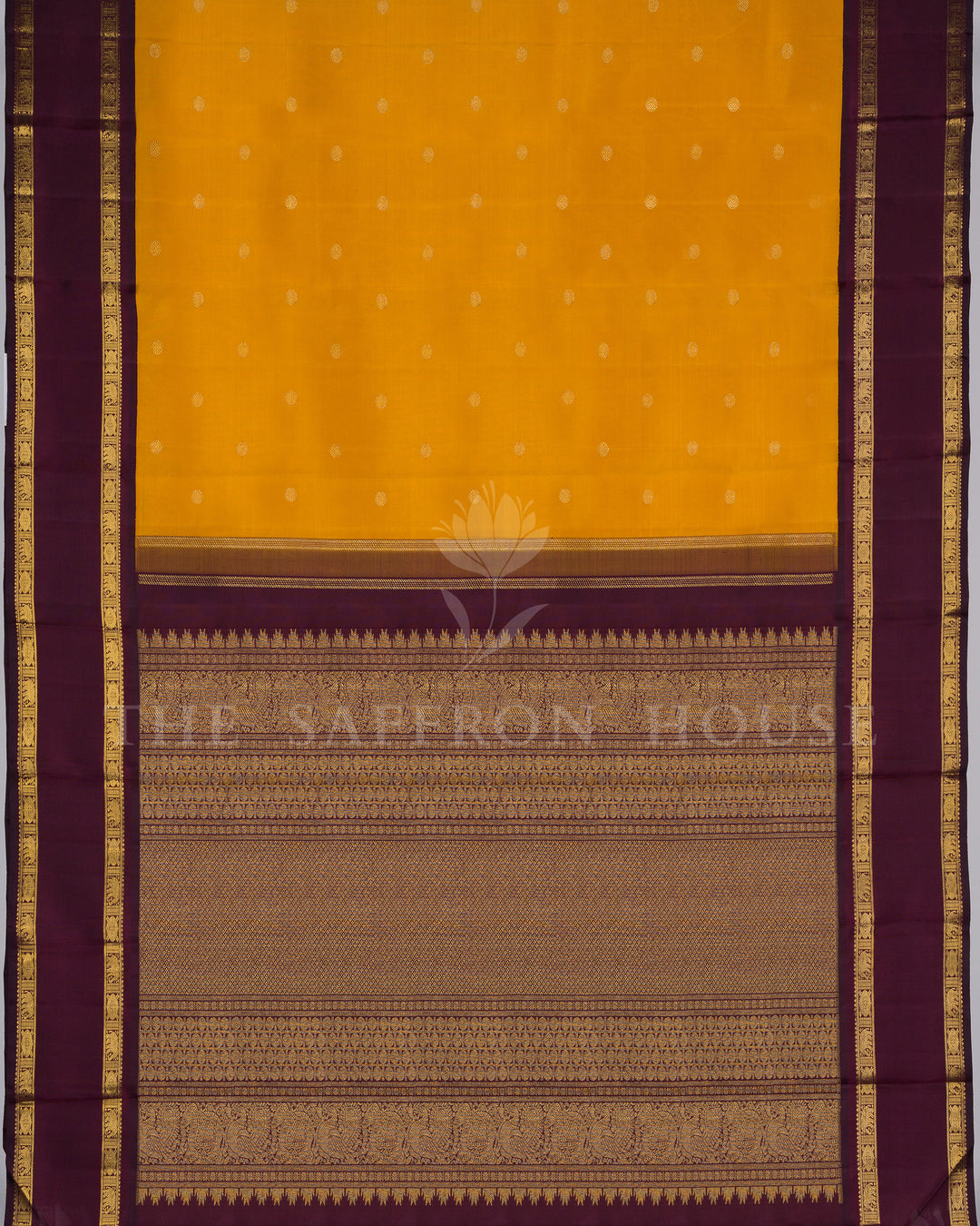 Mustard Gold And Burgundy Maroon Kanjivaram Silk Saree – The Saffron House
