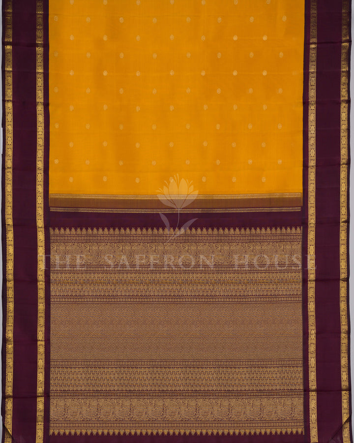 Mustard Gold And Burgundy Maroon Kanjivaram Silk Saree – The Saffron House