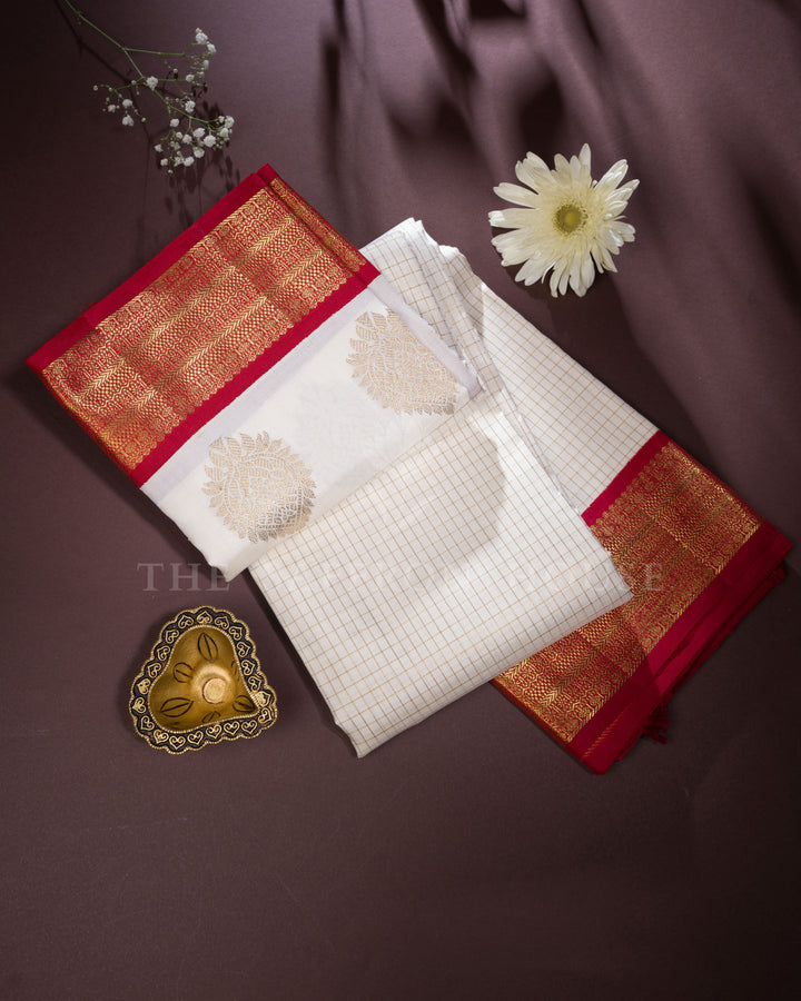Off White And Red Korvai Kanjivaram Silk Saree – The Saffron House