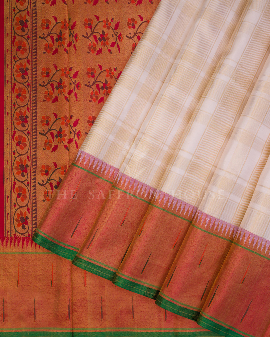 Off White And Rust Orange Kanjivaram Silk Saree – The Saffron House