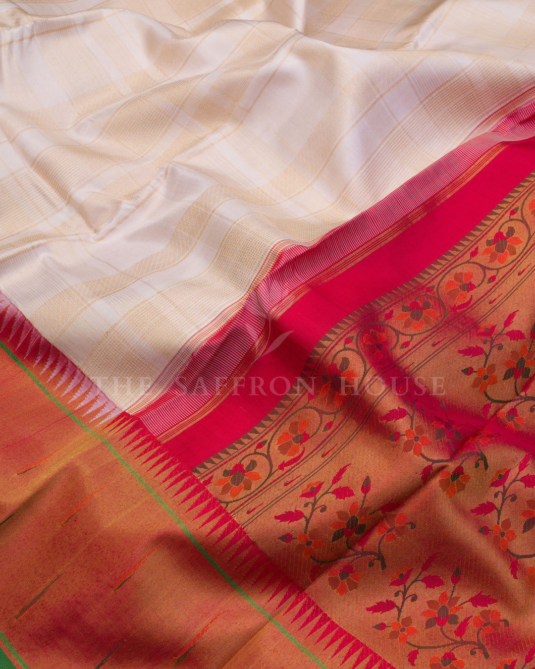 Off White And Rust Orange Kanjivaram Silk Saree – The Saffron House