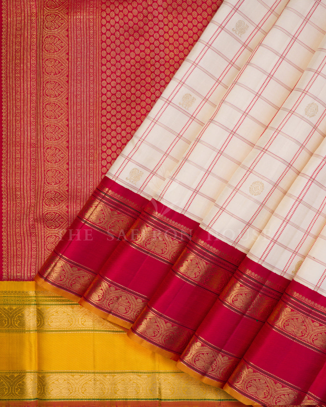 Off White And Red Korvai Kanjivaram Silk Saree – The Saffron House