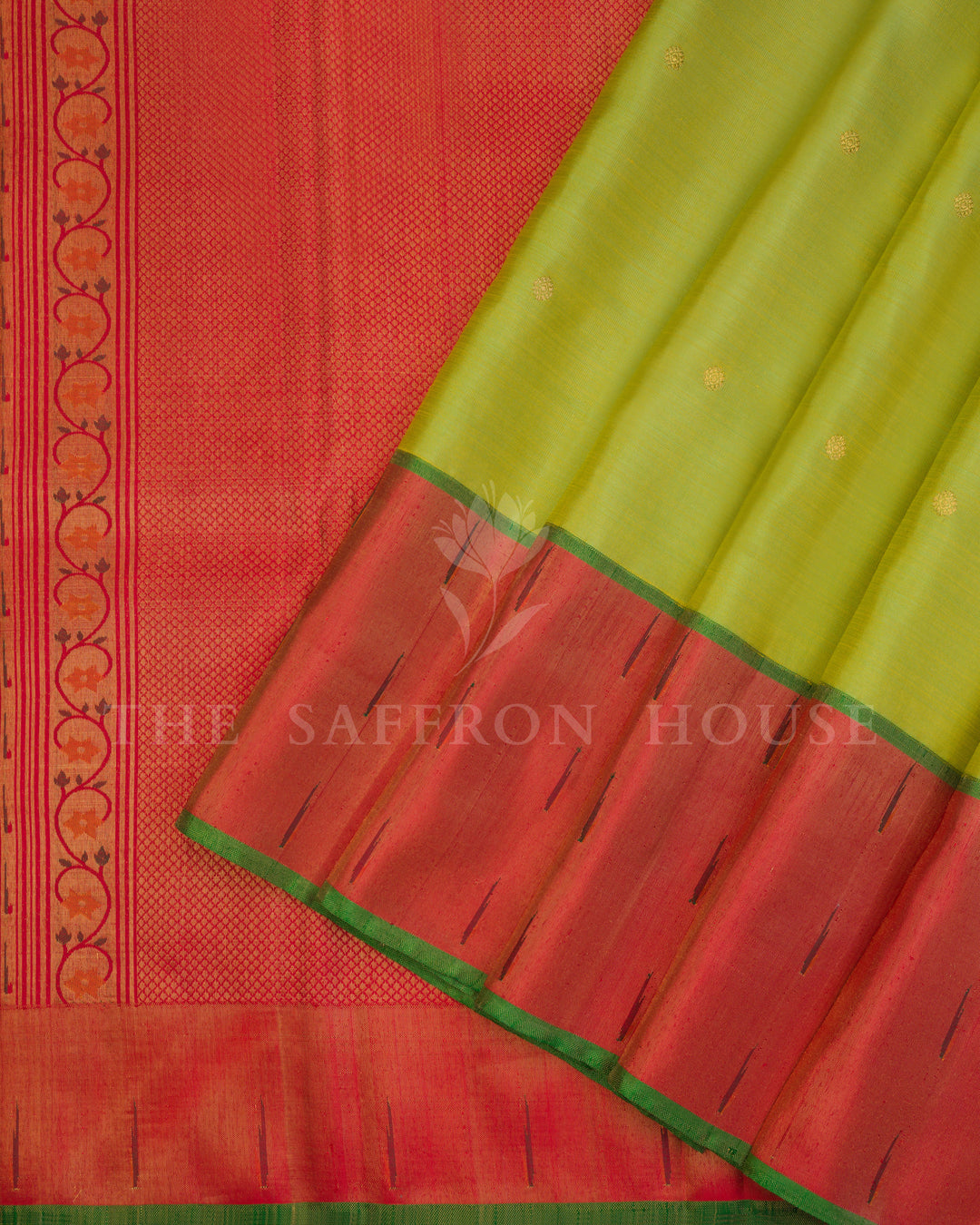 Parrot Green And Red Kanjivaram Silk Saree – The Saffron House