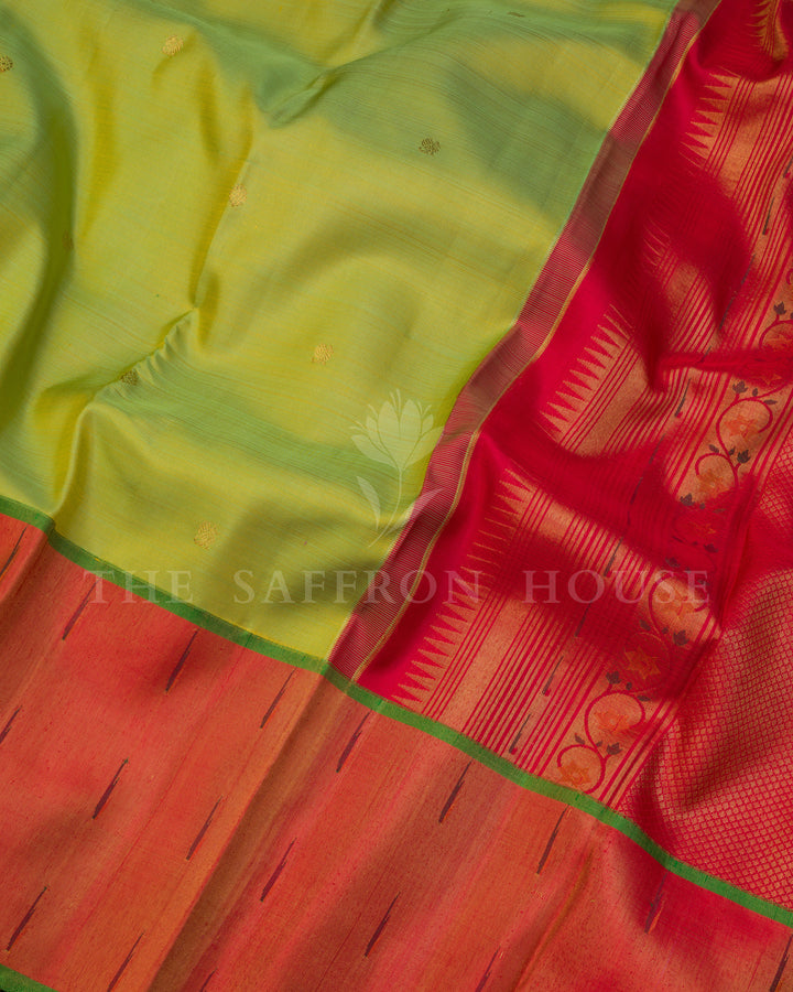Parrot Green And Red Kanjivaram Silk Saree – The Saffron House
