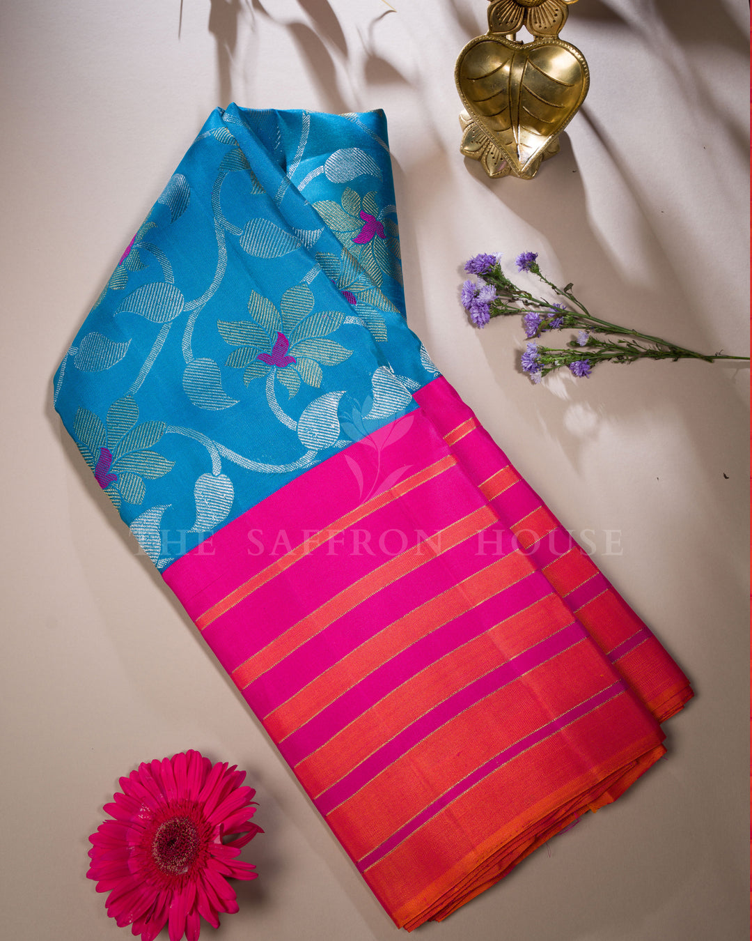 Peacock Blue And Rani Pink Korvai Kanjivaram Silk Saree – The Saffron House