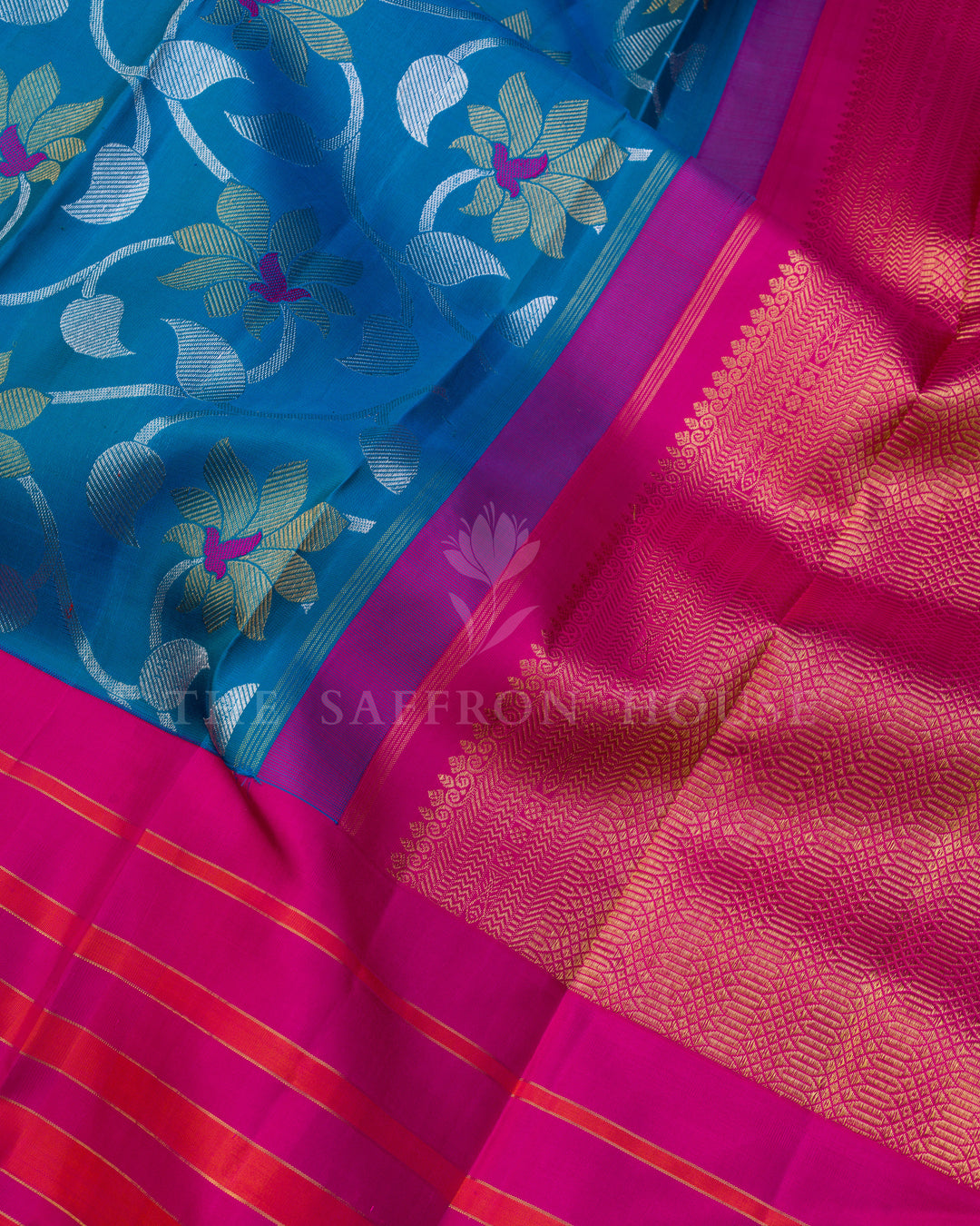 Peacock Blue And Rani Pink Korvai Kanjivaram Silk Saree – The Saffron House