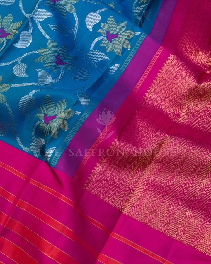 Peacock Blue And Rani Pink Korvai Kanjivaram Silk Saree – The Saffron House