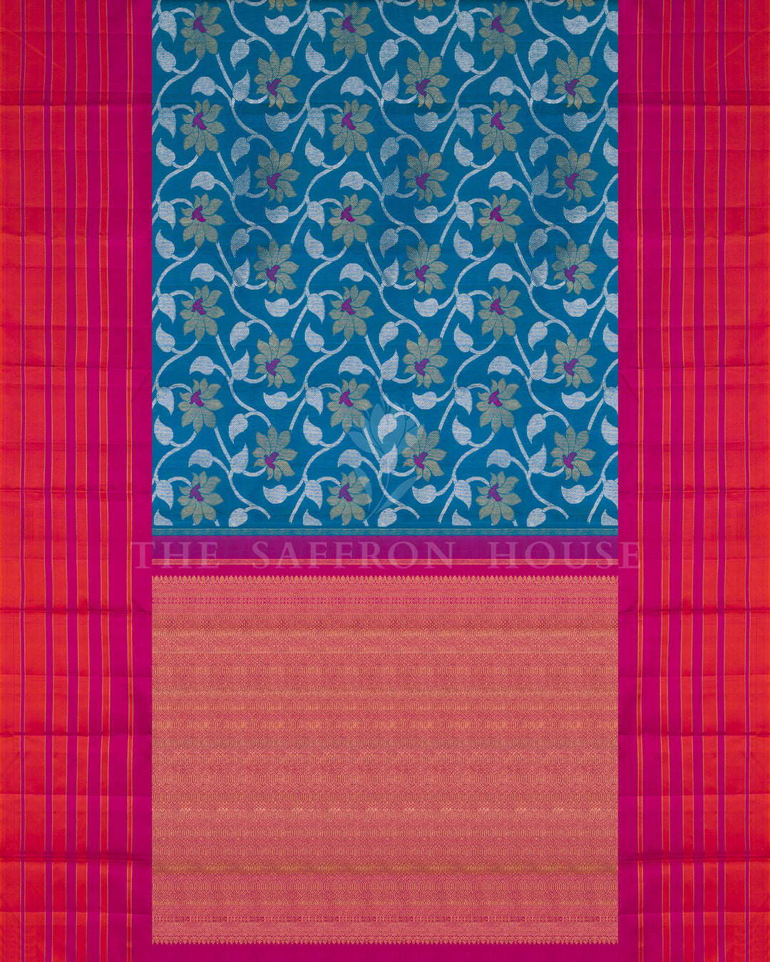 Peacock Blue And Rani Pink Korvai Kanjivaram Silk Saree – The Saffron House