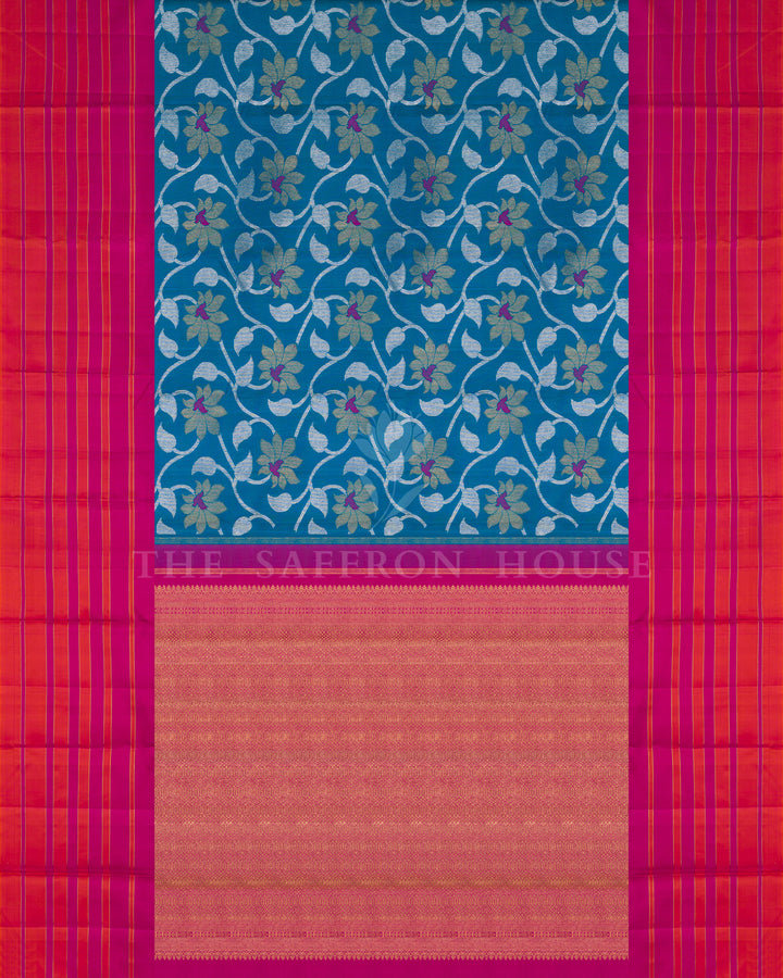Peacock Blue And Rani Pink Korvai Kanjivaram Silk Saree – The Saffron House