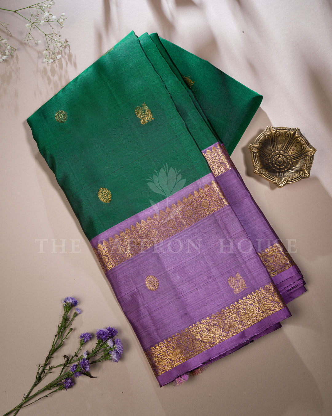 Bottle Green And Violet Kanjivaram Silk Saree – The Saffron House