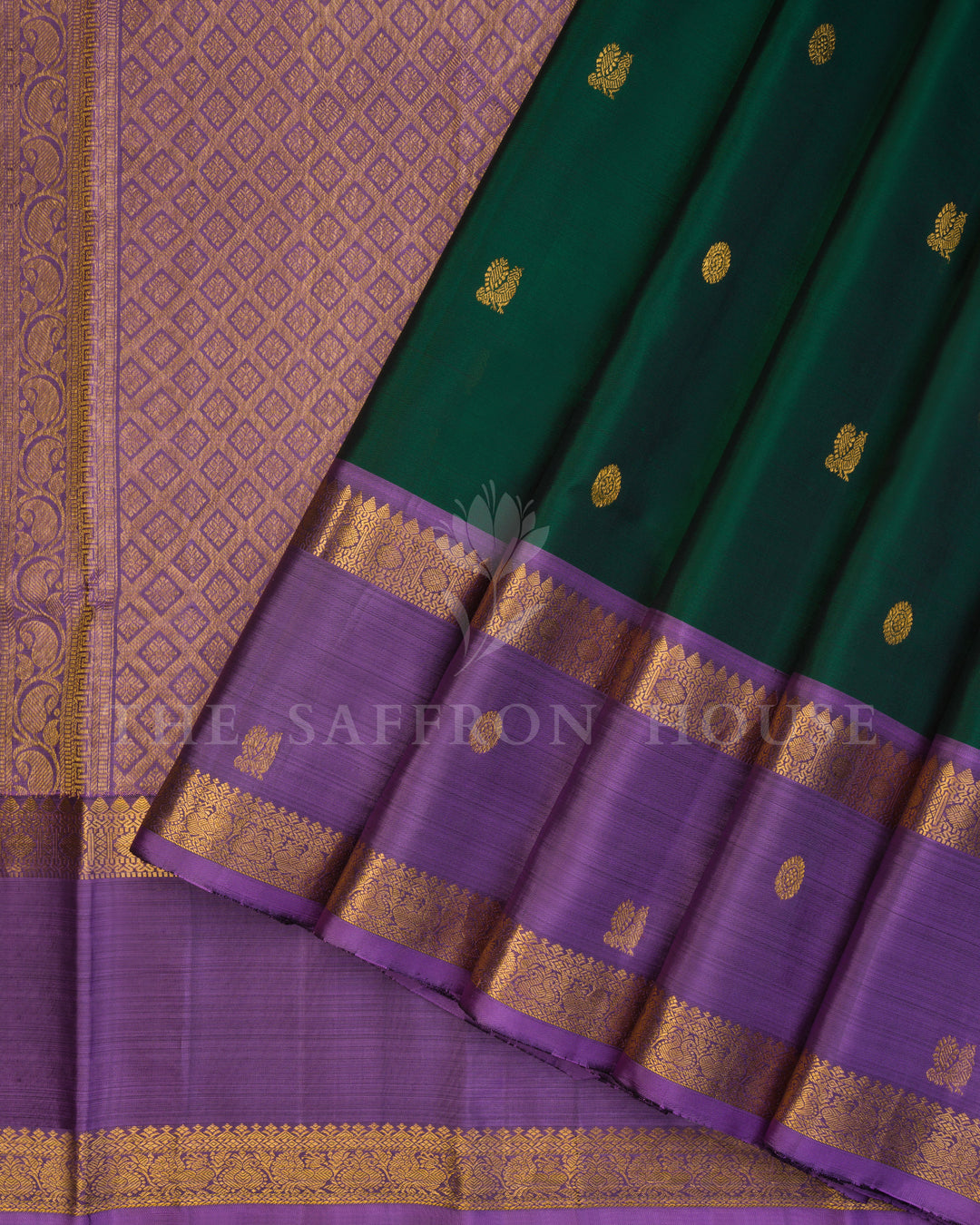 Bottle Green And Violet Kanjivaram Silk Saree – The Saffron House