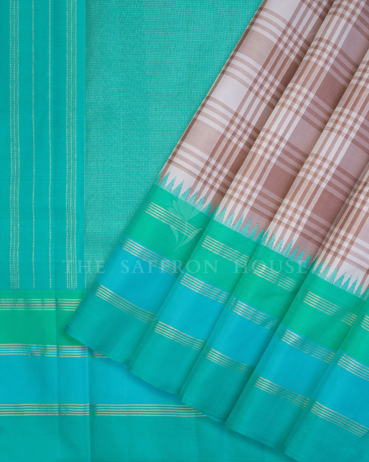 Sand Beige And Pure White Kattam Kanjivaram Silk Saree – The Saffron House