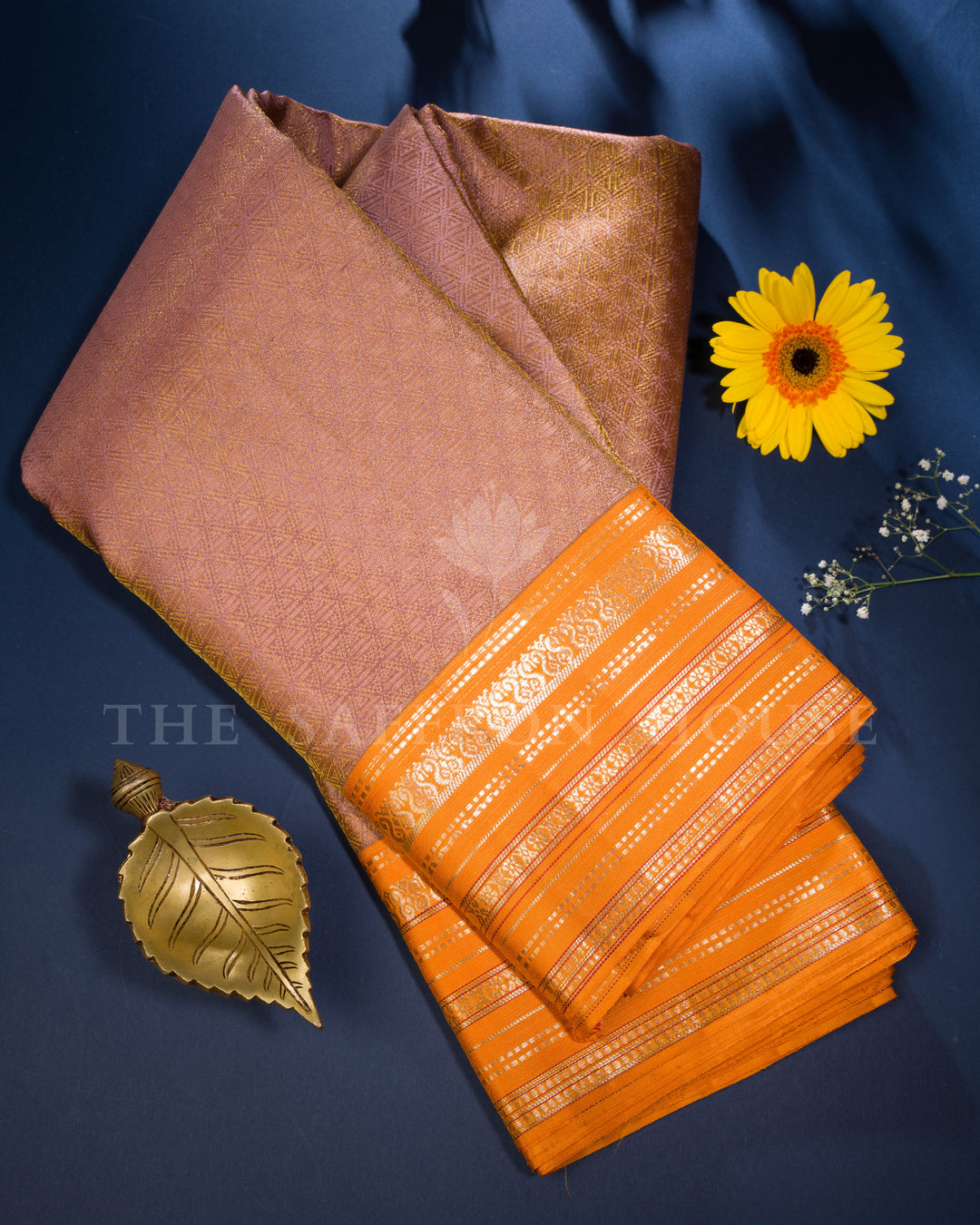 Warm Brown And Marigold Kanjivaram Silk Saree – The Saffron House