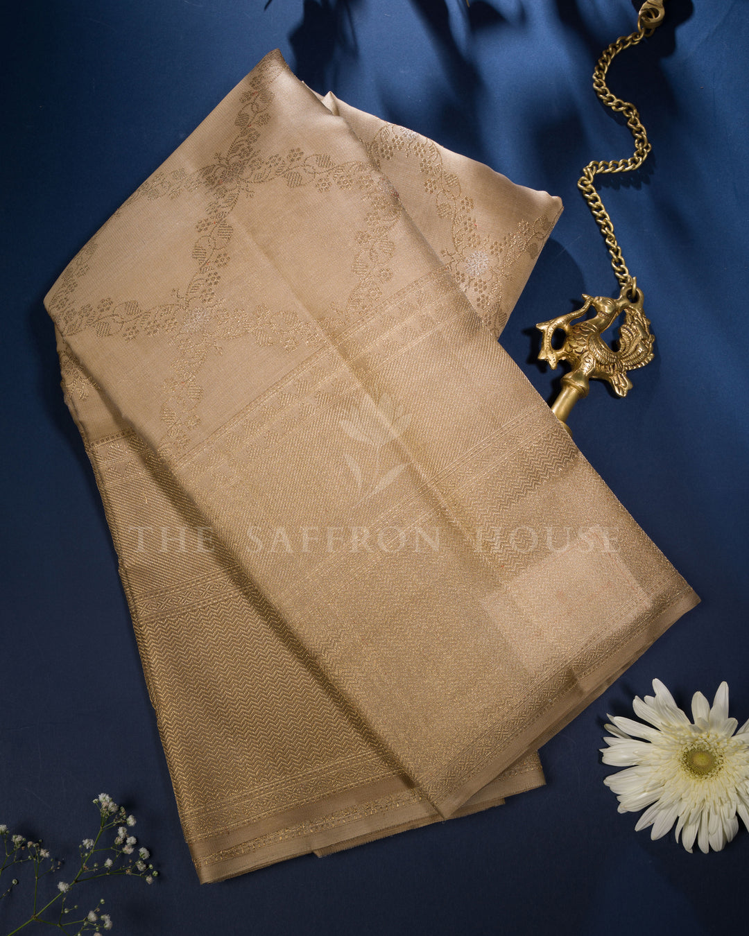 Sand Beige And Antique Gold Kanjivaram Silk Saree – The Saffron House