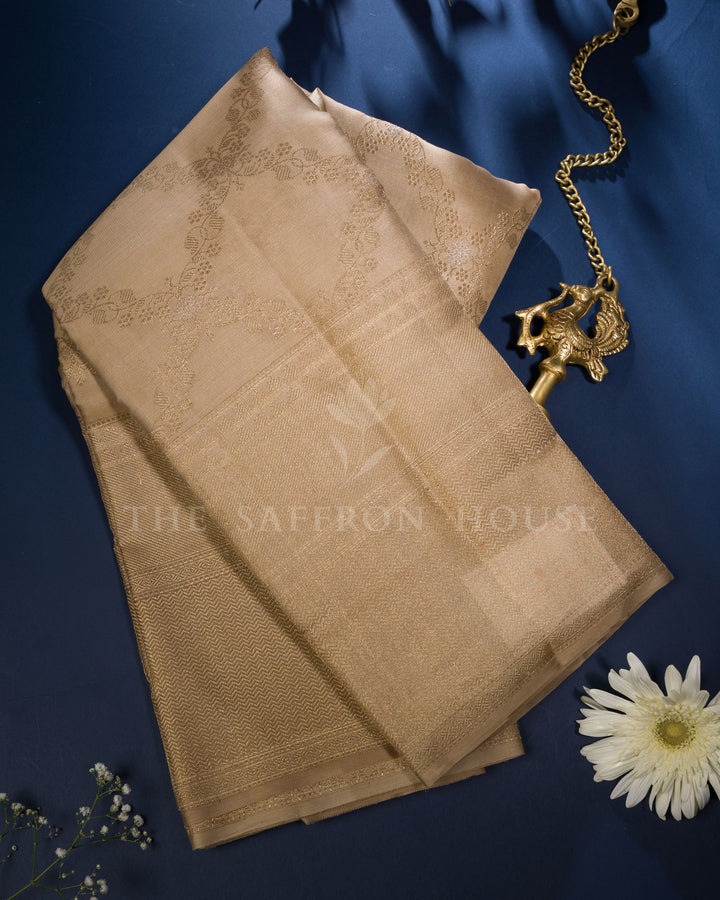 Sand Beige And Antique Gold Kanjivaram Silk Saree – The Saffron House