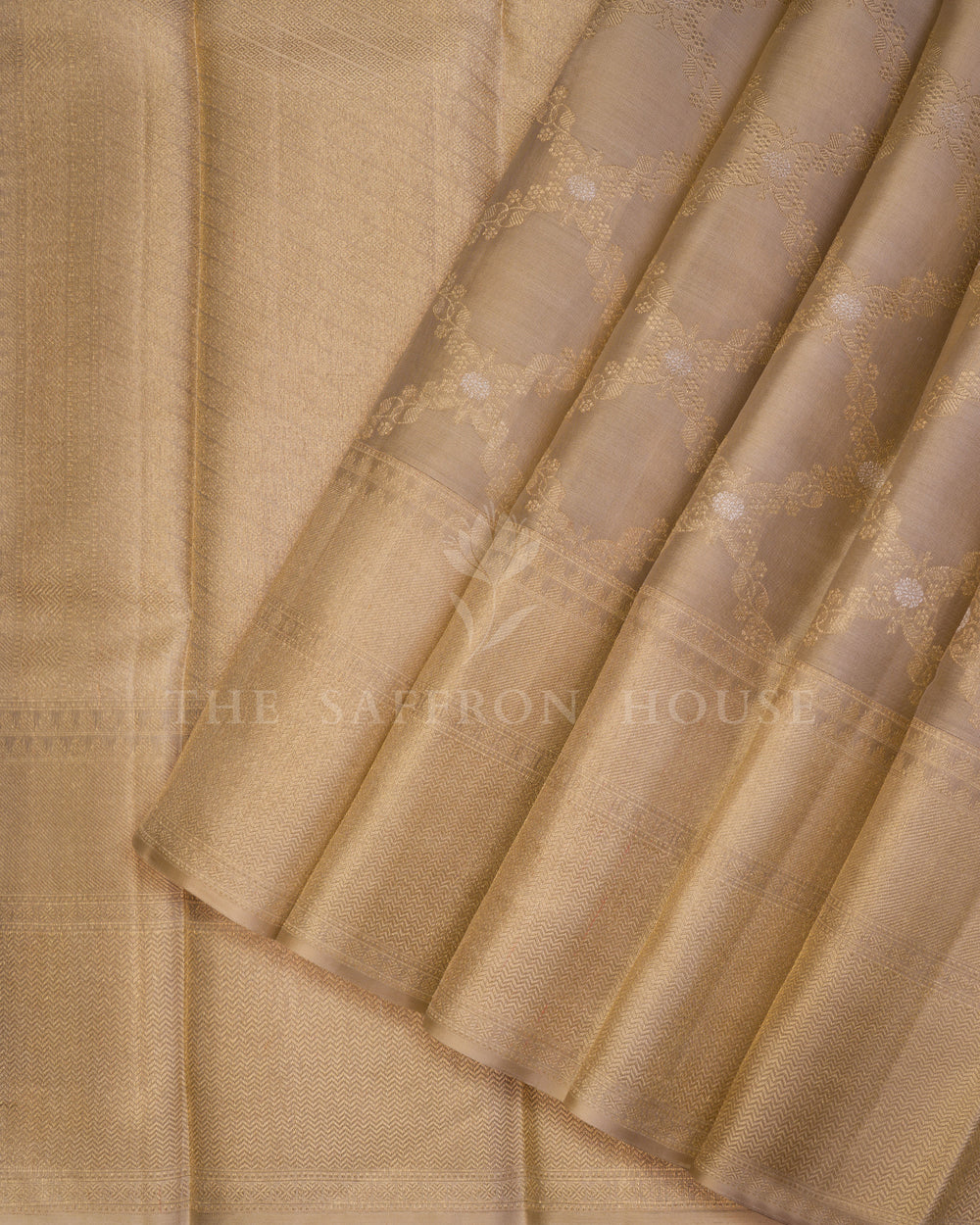 Sand Beige And Antique Gold Kanjivaram Silk Saree – The Saffron House