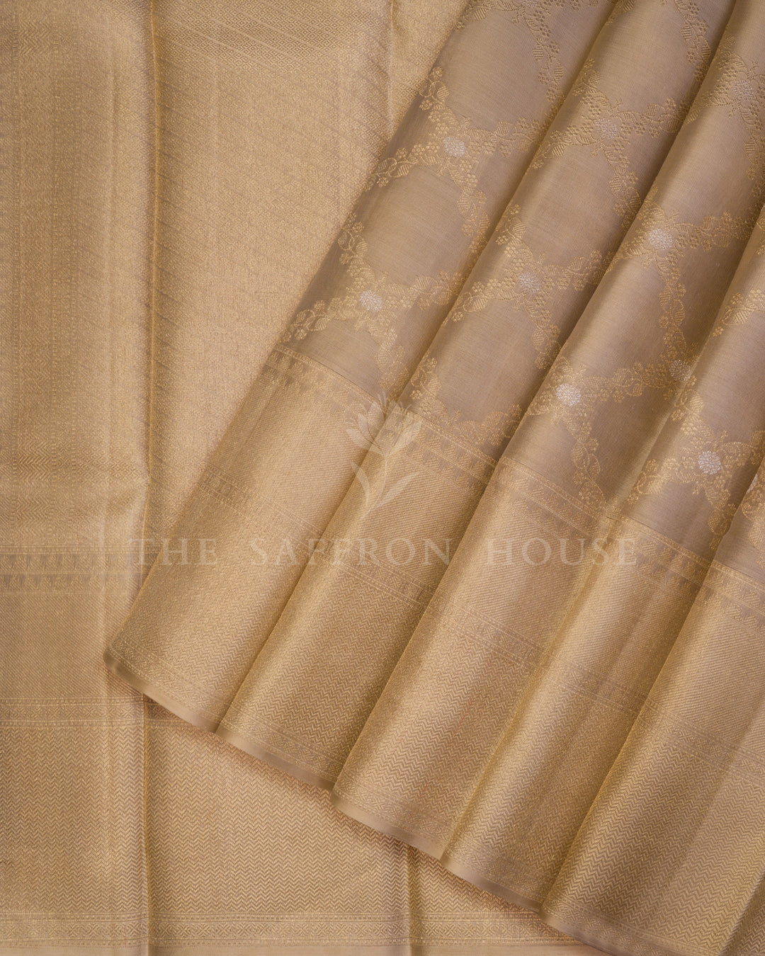 Sand Beige And Antique Gold Kanjivaram Silk Saree – The Saffron House