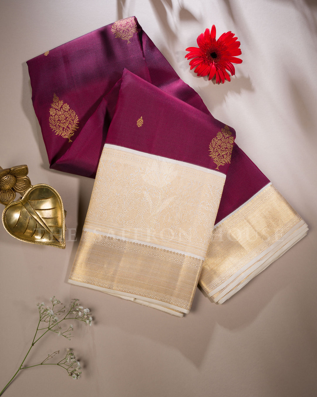 Burgundy Maroon And Off White Kanjivaram Silk Saree – The Saffron House