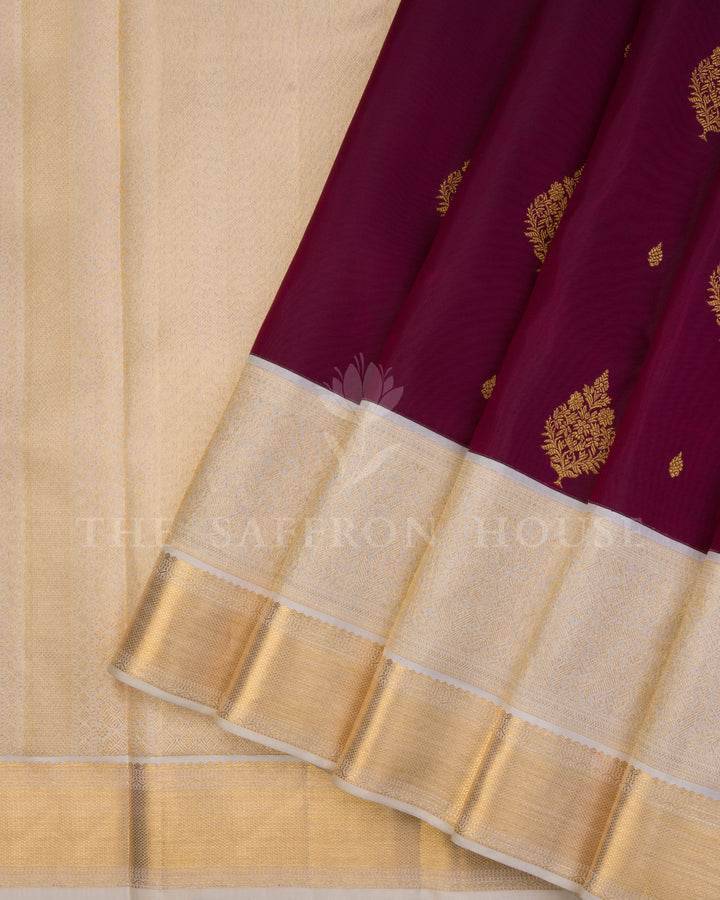 Burgundy Maroon And Off White Kanjivaram Silk Saree – The Saffron House