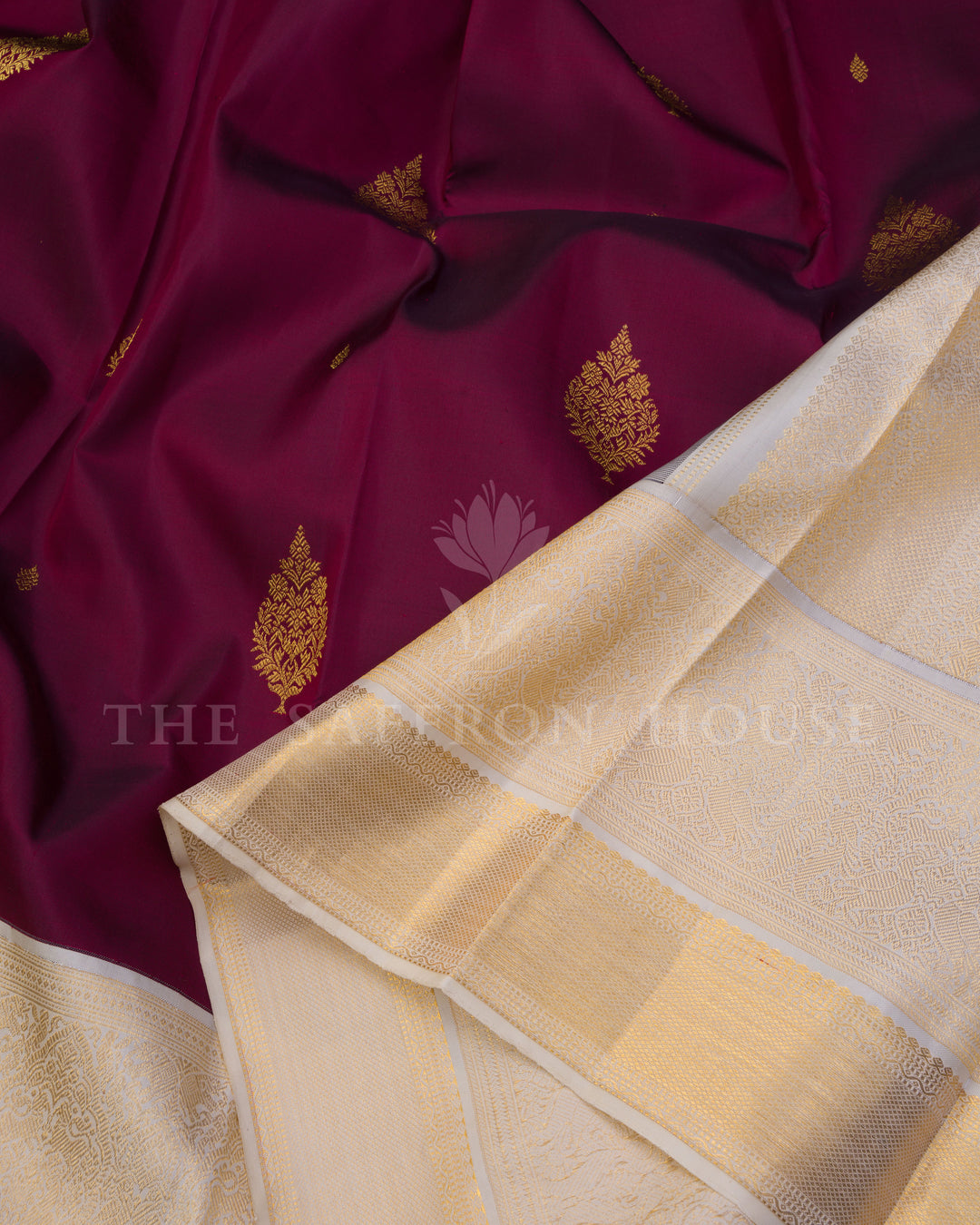 Burgundy Maroon And Off White Kanjivaram Silk Saree – The Saffron House