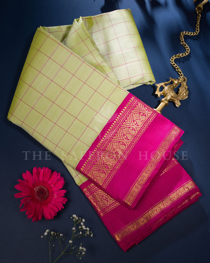 Pistachio Green And Rani Pink Korvai Kanjivaram Silk Saree – The Saffron House