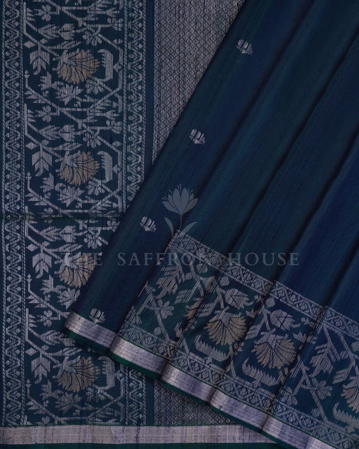 Blue And Prussian Blue Tussar Silk Saree – The Saffron House