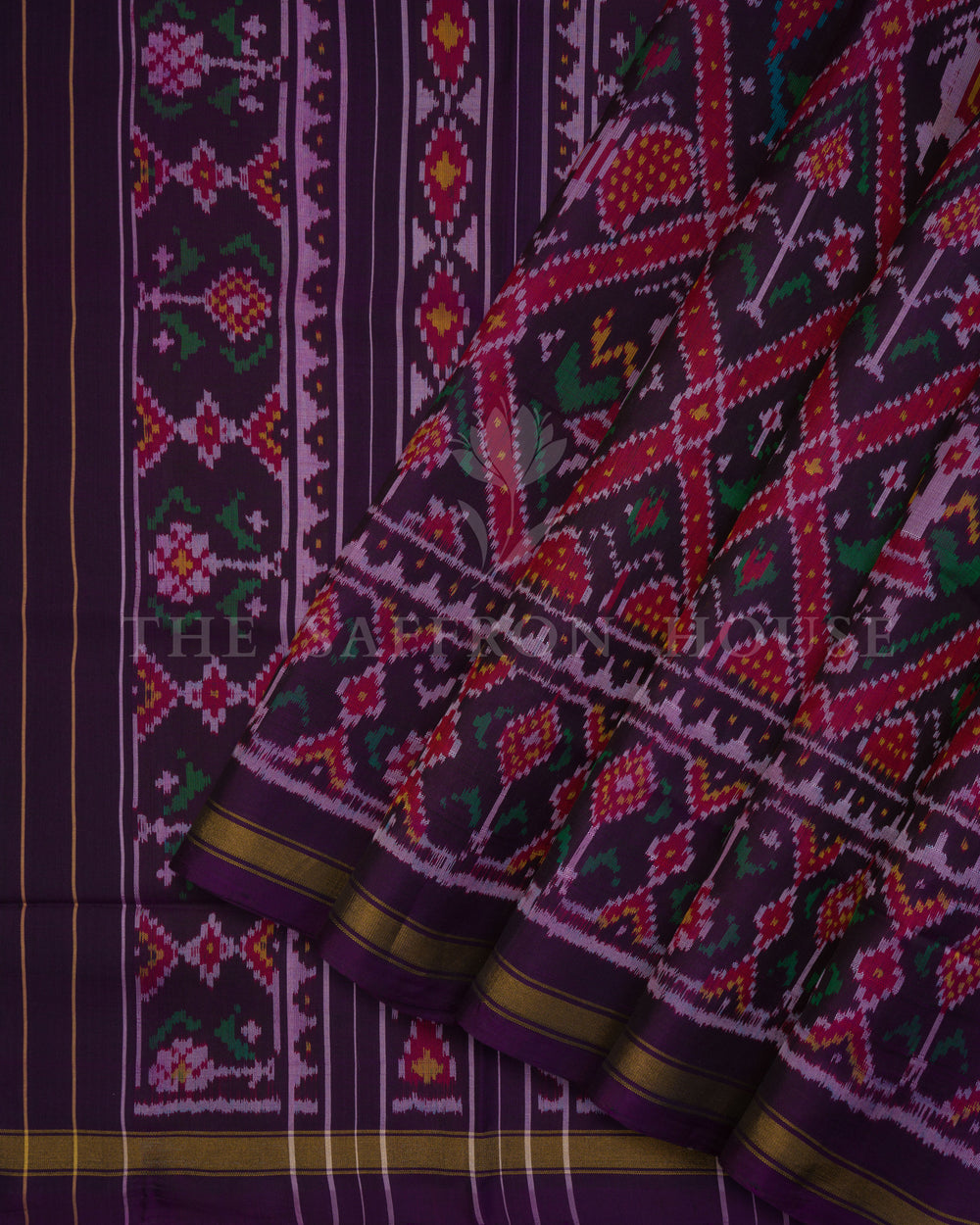 Aubergine And Mustard Gold Handwoven Patola Saree – The Saffron House