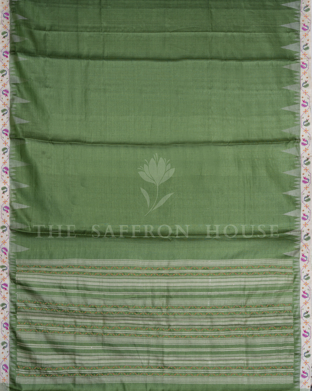 Parrot Green And Ivory Tussar Organza Saree – The Saffron House