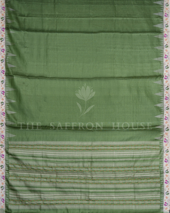 Parrot Green And Ivory Tussar Organza Saree – The Saffron House