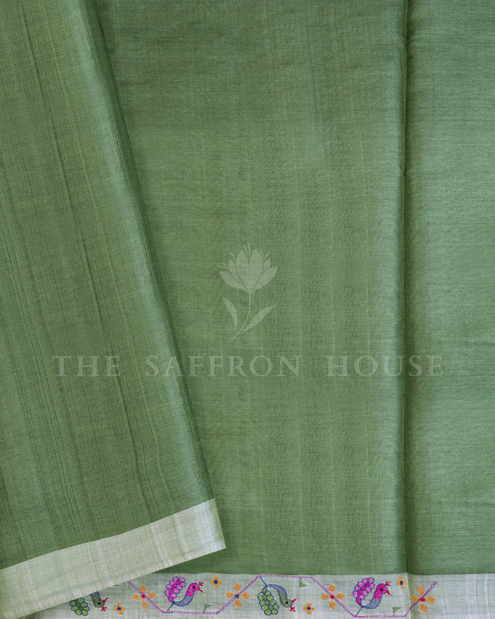 Parrot Green And Ivory Tussar Organza Saree – The Saffron House