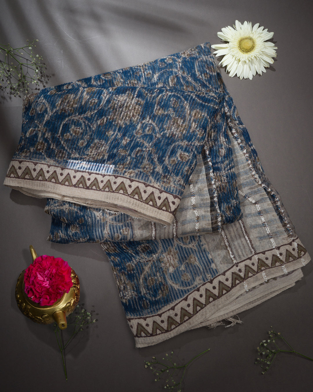 Ink Blue Tussar Organza Saree – The Saffron House