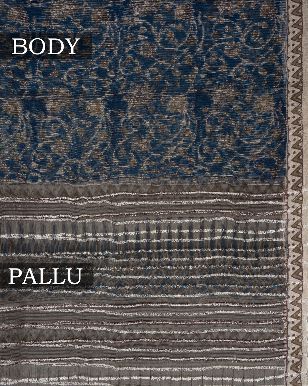 Ink Blue Tussar Organza Saree – The Saffron House
