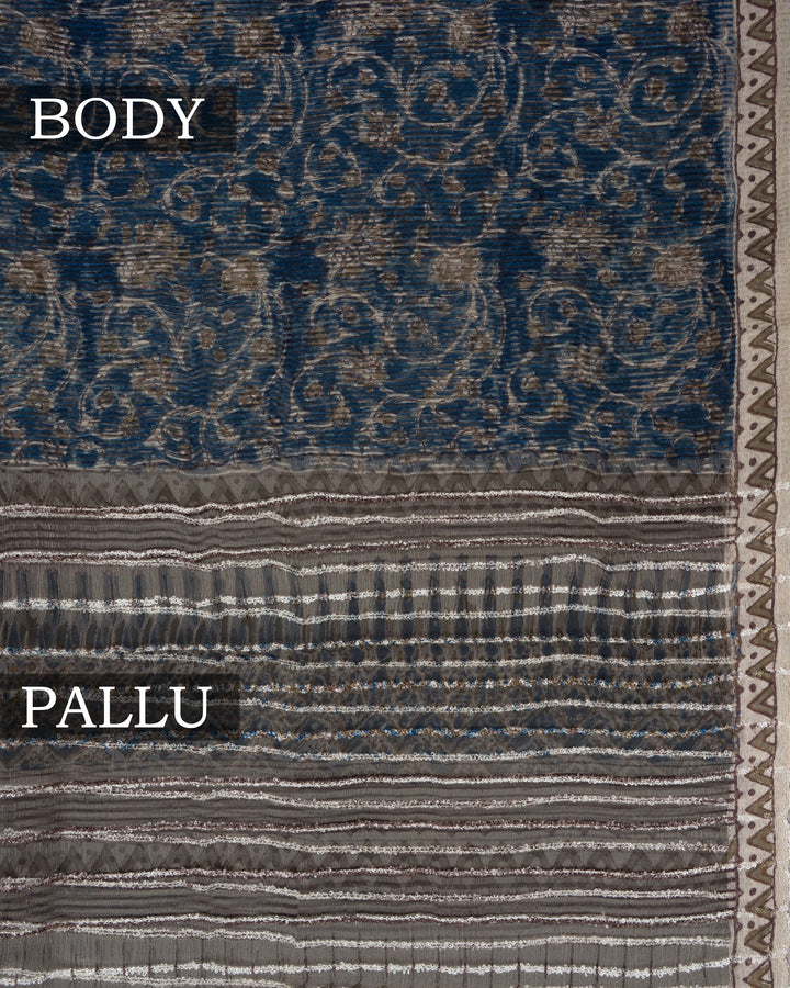Ink Blue Tussar Organza Saree – The Saffron House