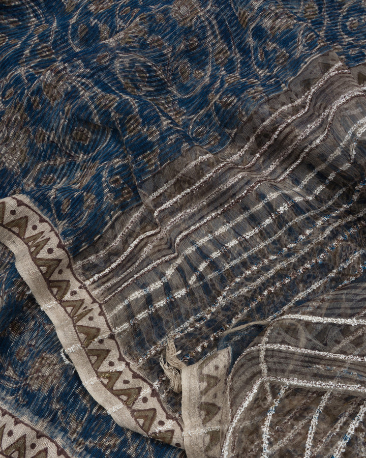Ink Blue Tussar Organza Saree – The Saffron House