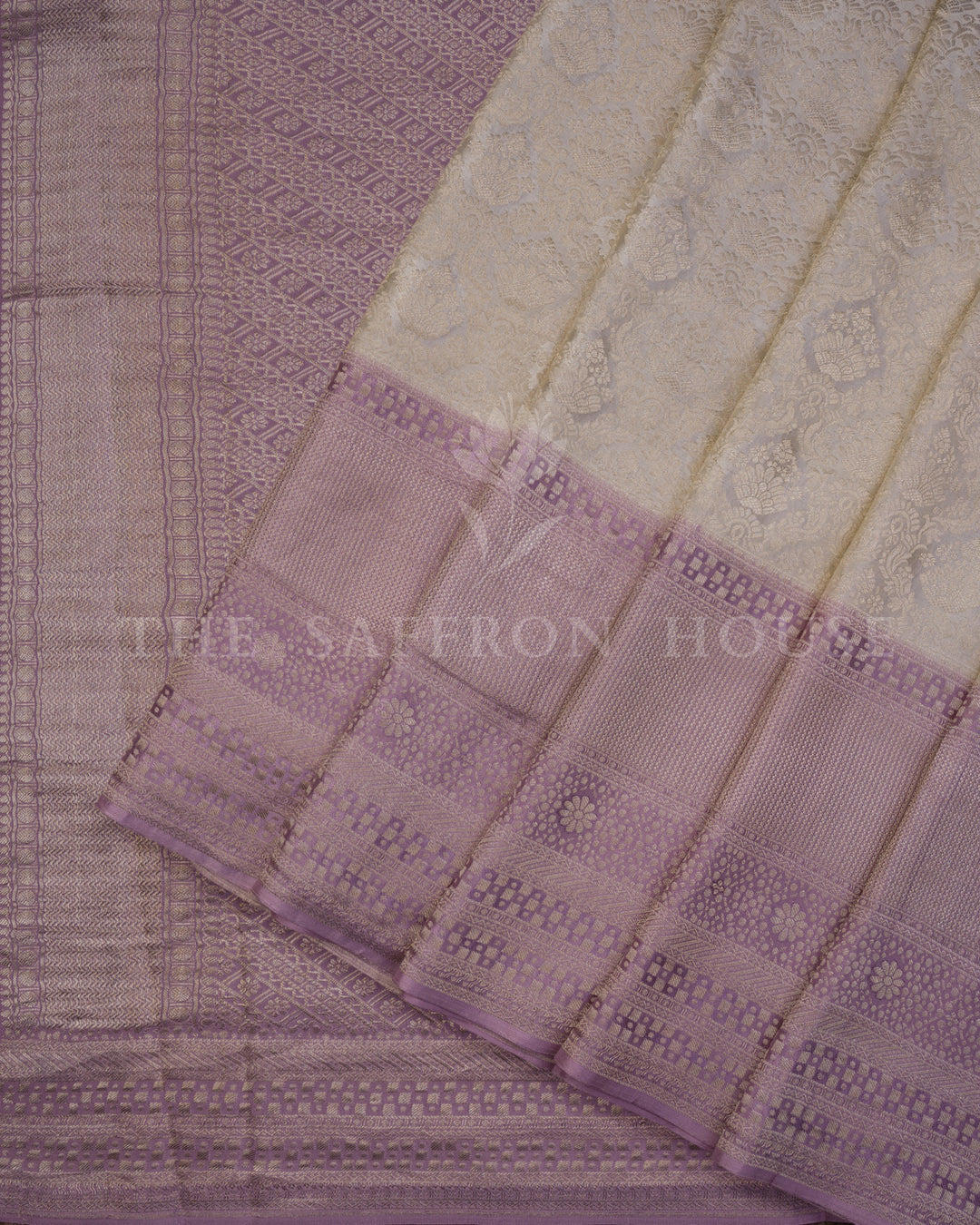 Ivory And Lavender Georgette Banarasi Saree – The Saffron House