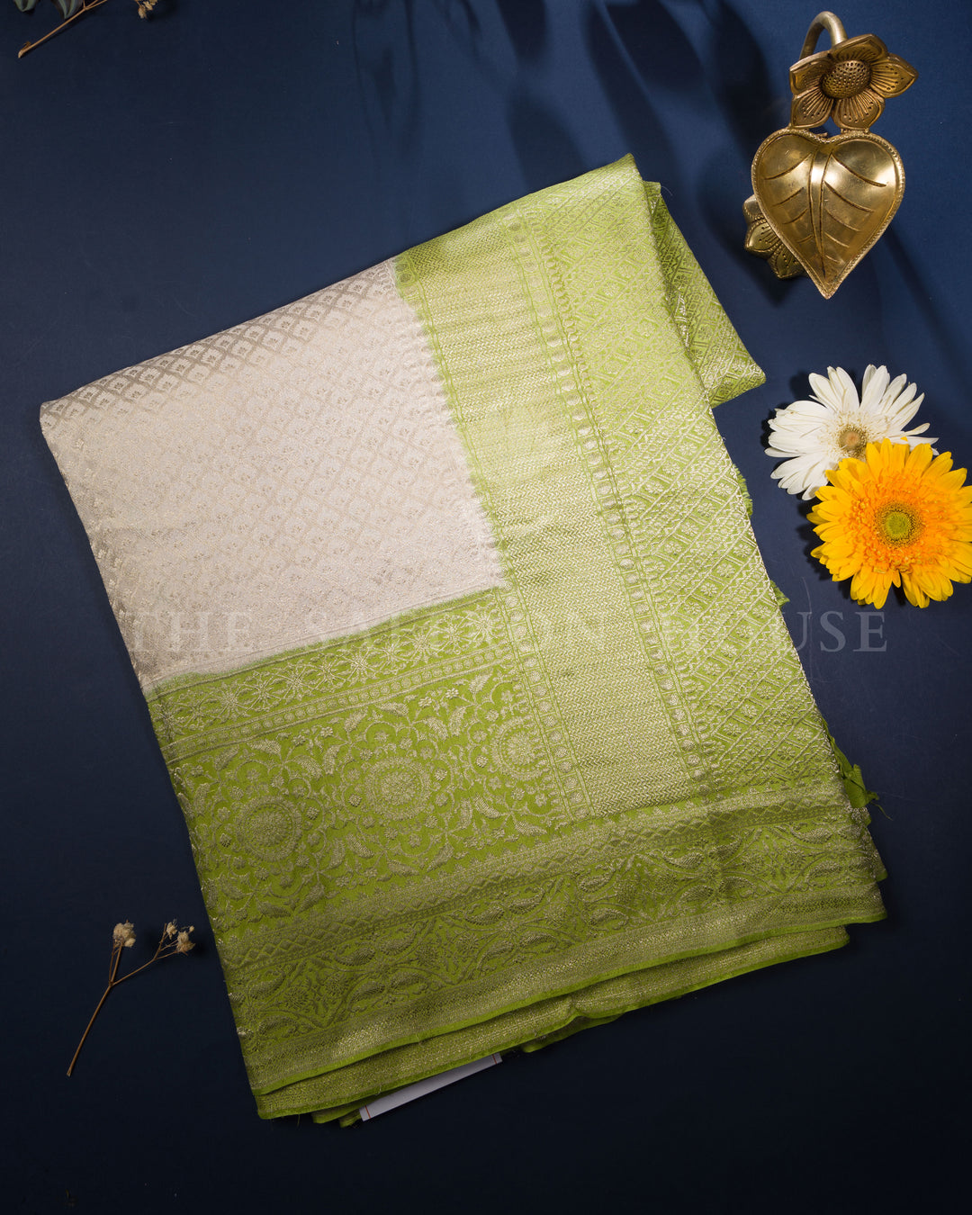 Ivory And Lime Green Georgette Banarasi Saree – The Saffron House
