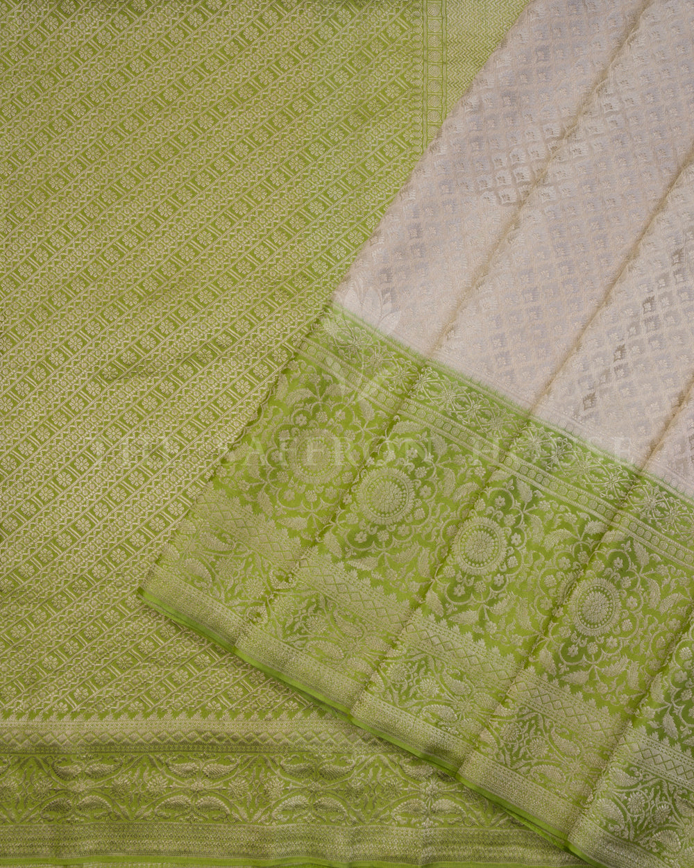 Ivory And Lime Green Georgette Banarasi Saree – The Saffron House