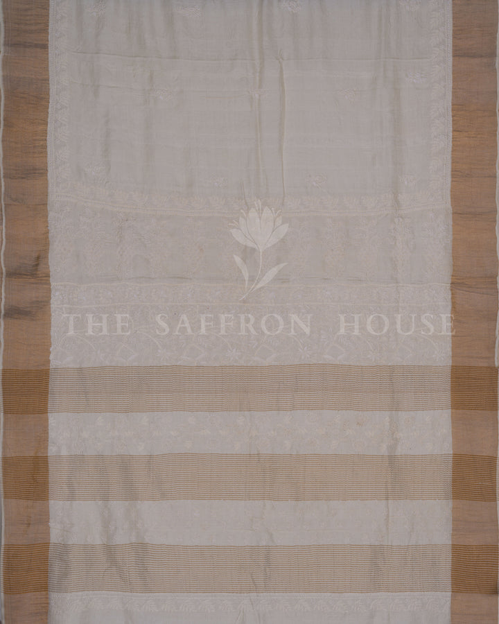 Pure White Chikankari Tussar Silk Saree – The Saffron House