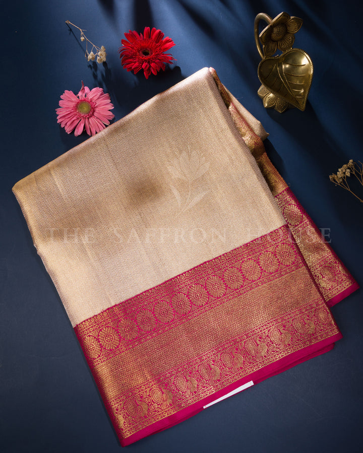 Ivory And Rani Pink Brocade Kanjivaram Silk Saree – The Saffron House