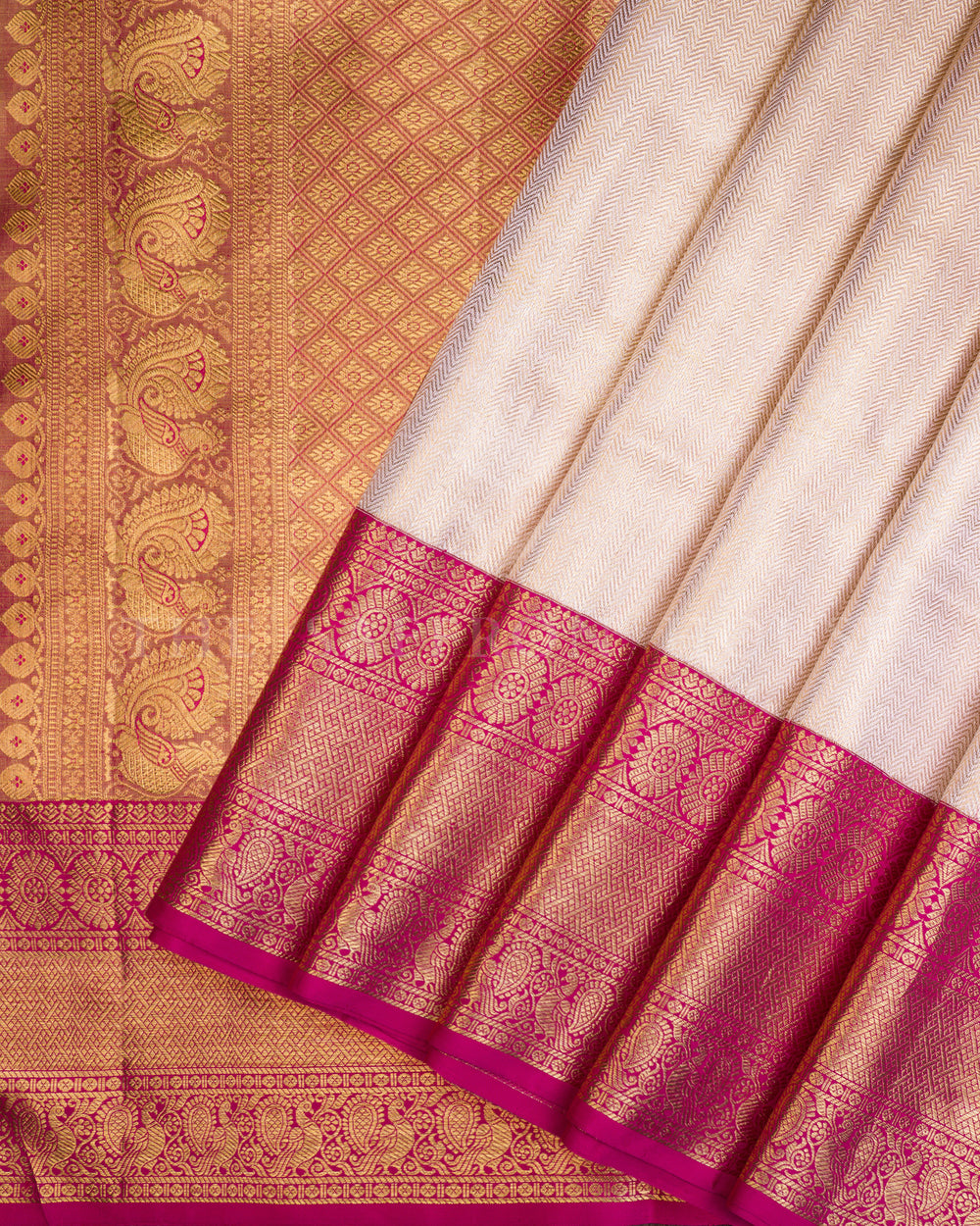 Ivory And Rani Pink Brocade Kanjivaram Silk Saree – The Saffron House